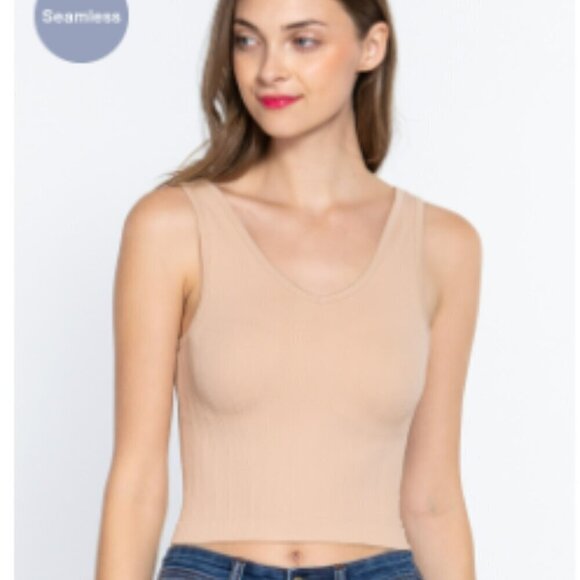 New Boutique Cream Reversible V-Neck/Scoop Neck Seamless Rib Tank - Picture 1 of 1